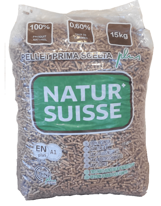 Afbeelding van Pellet Natur’Suisse EN+A1 DIN+ 100% naaldhout – pallet van 70 zakken van 15Kg – levering inbegrepen